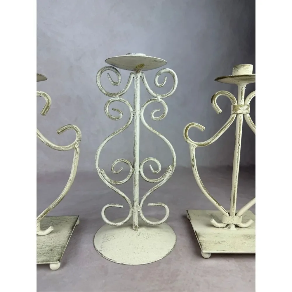 Vintage 90s Ivory Iron Candlestick Holders Scroll Cottagecore Shabby Chic Set of